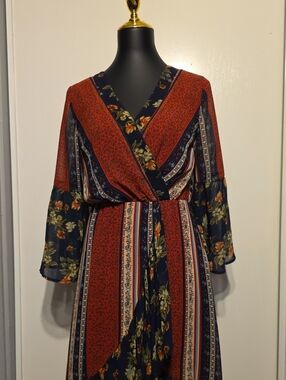 Flying Tomato Navy and Rust Floral Midi Wrap Dress
